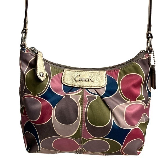 Coach Ashley sateen leather scarf print multicolor pink green crossbody bag - Picture 1 of 10